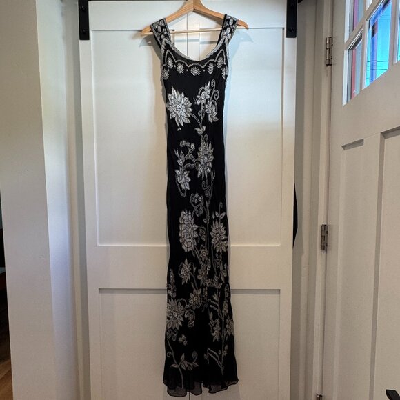 Adrianna Papell Y2K Silk Beaded Maxi Dress Black Floral Embroidery 0/XS - Picture 4 of 12